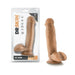 Tan 7-inch realistic dildo with balls and suction cup base, shown in and out of clear retail packaging.