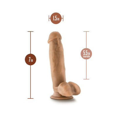 Tan realistic dildo with balls and suction base, 7 inches long and 1.5 inch diameter, 5.5 inches insertable length.