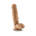 Tan realistic dildo with suction cup base and detailed texture including balls, standing upright on a white background.
