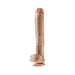 Realistic flesh-toned dildo with detailed texture, balls, and suction cup base for hands-free use and harness compatibility.