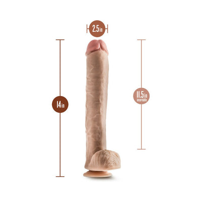 Realistic flesh-toned dildo with suction base, 14 inches long and 2.5 inches wide, featuring detailed texture and balls.