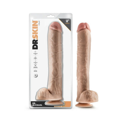 Realistic 14-inch Dr. Skin Dr. Michael dildo with suction cup base shown in and out of packaging.