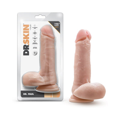 Realistic 7.25-inch flesh-toned dildo with suction cup base displayed next to its clear packaging.