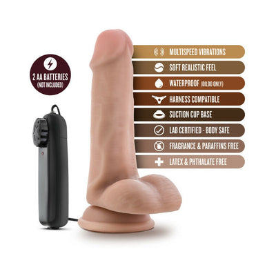 Vanilla-colored 6-inch vibrating dildo with suction cup base and wired remote control, highlighting multispeed and body-safe features.