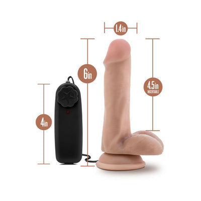 Vanilla-colored 6-inch vibrating dildo with suction cup base and black wired remote control showing size dimensions.