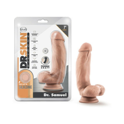 Dr. Samuel 7-inch realistic silicone dildo with suction cup base shown in packaging and standing upright.