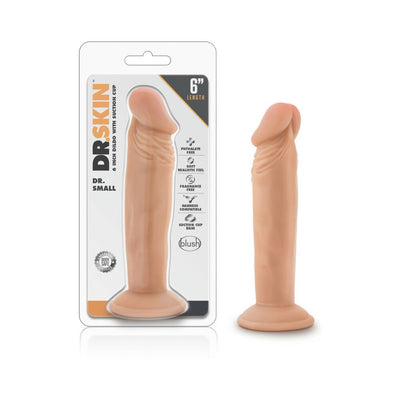 Vanilla-colored 6-inch realistic dildo with suction cup base, shown in and out of clear retail packaging.