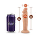 Vanilla-colored 6-inch realistic dildo with suction base next to a purple can for size comparison and measurement details.