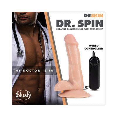 Dr Skin Dr Spin 6-inch realistic dildo with suction cup base and wired controller, shown next to a shirtless man in a doctor's coat.