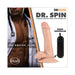 Dr Skin Dr Spin 6-inch realistic dildo with suction cup base and wired controller, shown next to a shirtless man in a doctor's coat.