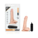 6-inch realistic flesh-tone dildo with suction cup base and black wired remote control, shown in packaging and outside.