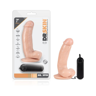Realistic 7-inch flesh-tone gyrating dildo with suction cup base and wired remote control, shown in packaging and standalone.