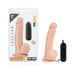 Realistic 8-inch flesh-tone vibrating dildo with suction base and black wired remote control, shown in packaging and out of package.