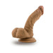 Tan realistic dildo with detailed texture and suction cup base for hands-free use and harness compatibility.