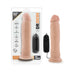 Realistic 9.5-inch vibrating dildo with suction cup base and wired remote control in flesh tone.