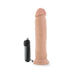Realistic flesh-tone vibrating dildo with suction cup base and black wired remote control on white background.