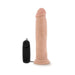 Realistic flesh-tone vibrating dildo with suction cup base and black wired remote control on white background