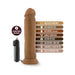 Brown realistic vibrating dildo with suction cup base and wired remote control, highlighting multispeed vibrations and body-safe features.