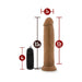 Brown 9.5-inch vibrating dildo with suction base and black wired remote control showing size dimensions.