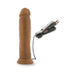 Realistic brown vibrating dildo with suction cup base and wired remote control showing AA batteries.