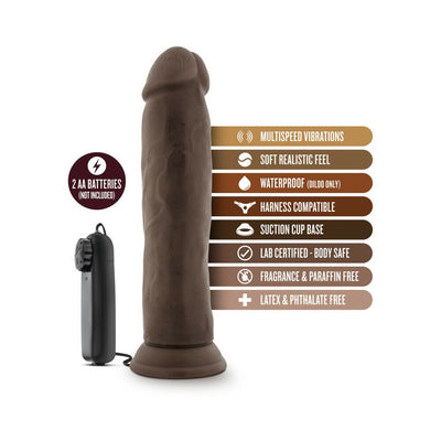 Chocolate-colored 9.5-inch realistic vibrating dildo with suction cup base and wired remote control.