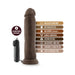 Chocolate-colored 9.5-inch realistic vibrating dildo with suction cup base and wired remote control.