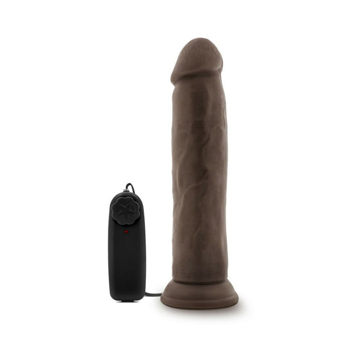 Chocolate-colored 9.5-inch realistic vibrating dildo with suction cup base and wired remote control.