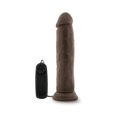 Chocolate-colored 9.5-inch realistic vibrating dildo with suction cup base and wired remote control.