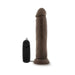 Chocolate-colored 9.5-inch realistic vibrating dildo with suction cup base and wired remote control.
