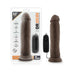 Chocolate-colored 9.5-inch realistic vibrating dildo with suction cup and wired remote control in packaging and out.