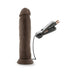 Chocolate-colored 9.5-inch realistic vibrating dildo with suction base and wired remote control with batteries.