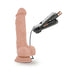Realistic beige vibrating dildo with suction cup base and wired remote control with AA batteries shown.