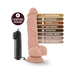 Realistic beige vibrating dildo with suction cup base and wired remote control, highlighting key features and battery info.