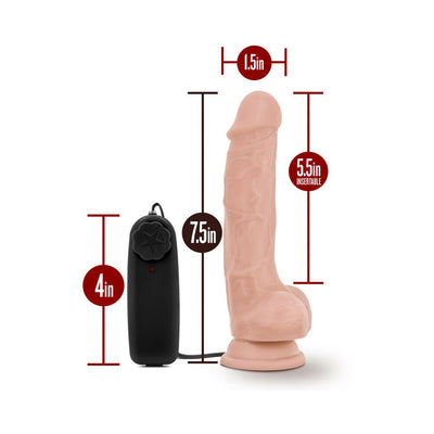 Realistic beige vibrating dildo with suction base and black wired remote, dimensions labeled for size reference.