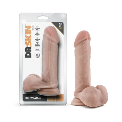 Beige 8-inch realistic dildo with suction cup base and balls, shown packaged and unpackaged.