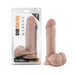 Beige 8-inch realistic dildo with suction cup base and balls, shown packaged and unpackaged.