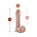 Beige realistic dildo with balls and suction base, 8 inches long and 1.75 inches wide, shown with size measurements.