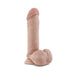 Beige realistic dildo with textured shaft, defined head, and attached balls on a suction cup base.
