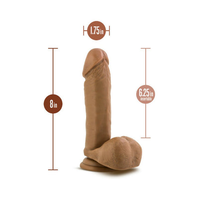 Tan realistic dildo with balls and suction base, 8 inches long and 1.75 inches wide, detailed texture and 6.25 inches insertable length.