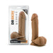 Tan 8-inch realistic dildo with suction cup base and detailed texture, shown in and out of clear retail packaging.