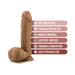 Tan realistic dildo with suction cup base and textured details, highlighting body-safe, harness compatible features.