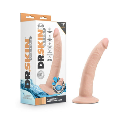 7.5-inch Dr. Skin Glide self-lubricating dildo with suction cup base and realistic texture next to its packaging box.
