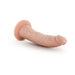 Realistic 7.5-inch flesh-toned dildo with textured surface and suction cup base for hands-free use.