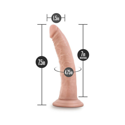 7.5-inch realistic dildo with 1.5-inch width, 7-inch insertable length, and suction cup base in natural skin tone.