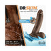 Chocolate-colored 7-inch Dr. Skin Glide self-lubricating dildo with balls, shown with water splash and stethoscope background.