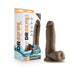 Chocolate-colored 7-inch Dr. Skin Glide self-lubricating dildo with balls and suction cup base next to product packaging.