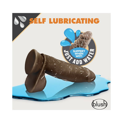 Chocolate-colored 7-inch self-lubricating dildo with balls on a blue liquid surface, highlighting water-activated slipperiness.