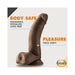 Chocolate-colored realistic dildo with balls and suction base, labeled body safe and thick shaft for pleasure.