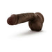 Chocolate-colored realistic dildo with detailed texture and attached balls, featuring a strong suction cup base.
