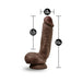 Chocolate-colored realistic dildo with balls and suction base, measuring 8.5 inches long and 1.8 inches wide.